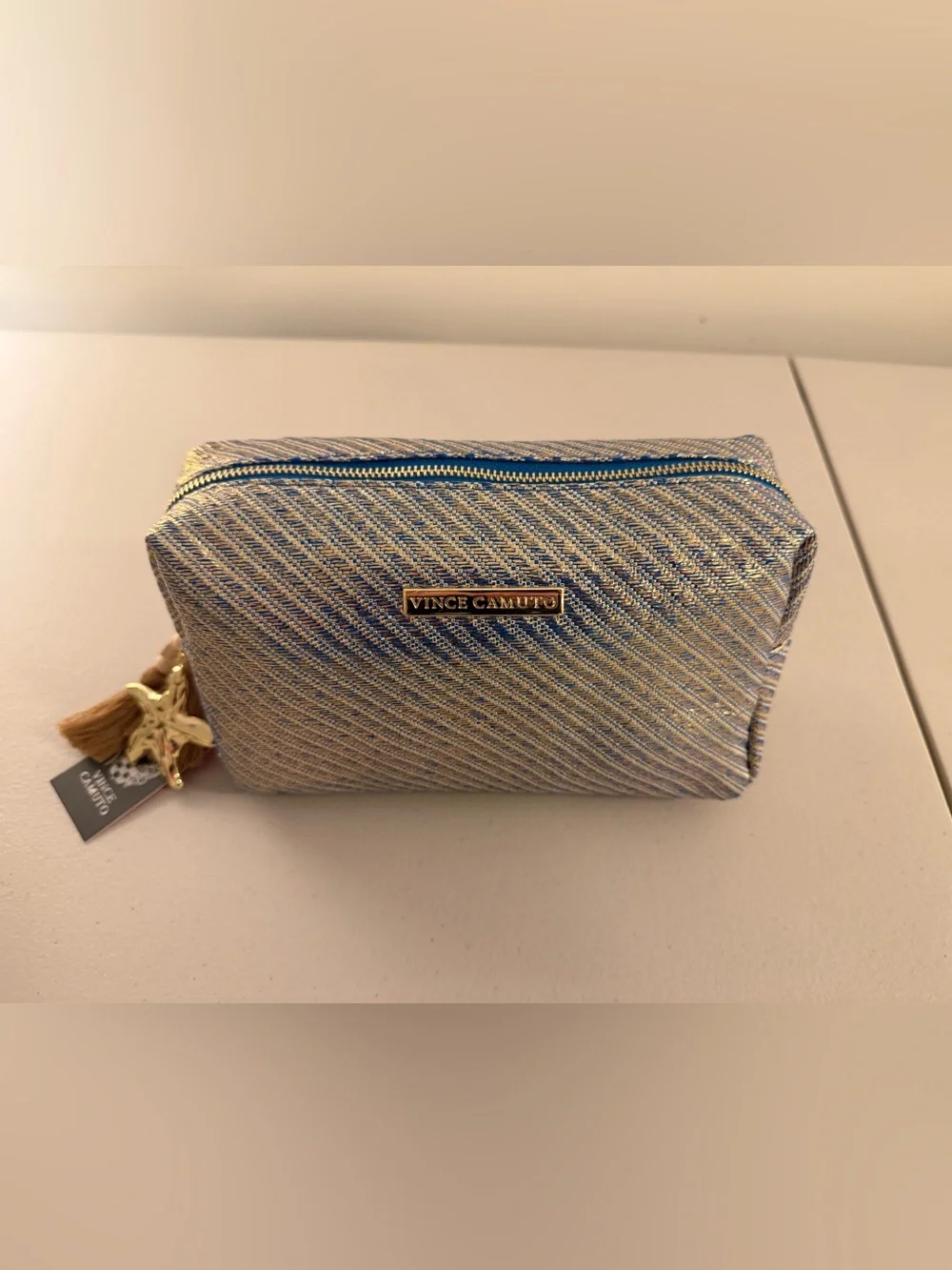 Vince Camuto Cosmetic Bag w/ Starfish and Tasseled Zipper in Blue/Gold - NWT